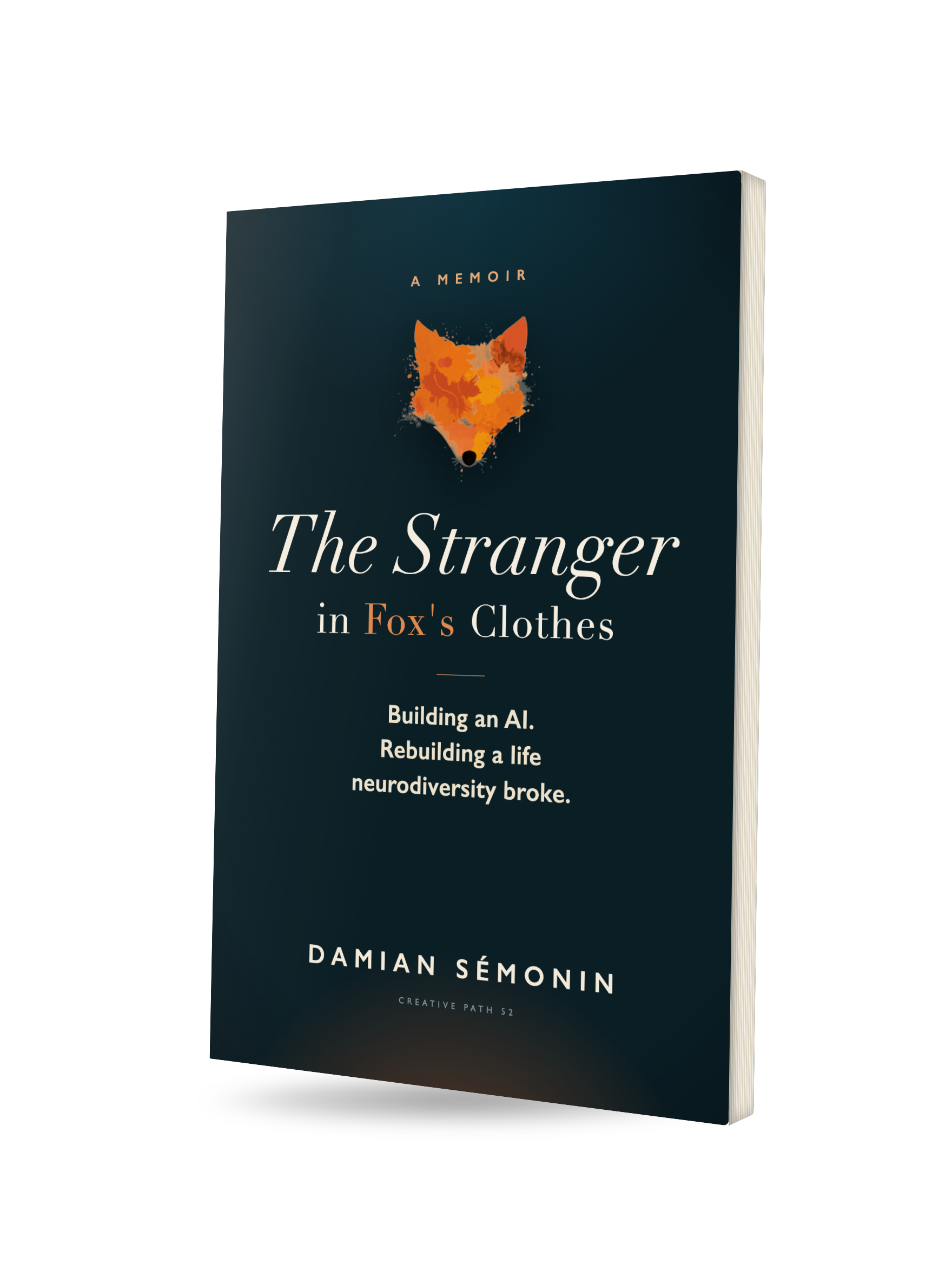 The Stranger in Fox’s Clothes — a book by Damian Sémonin, shown as a 3D paperback