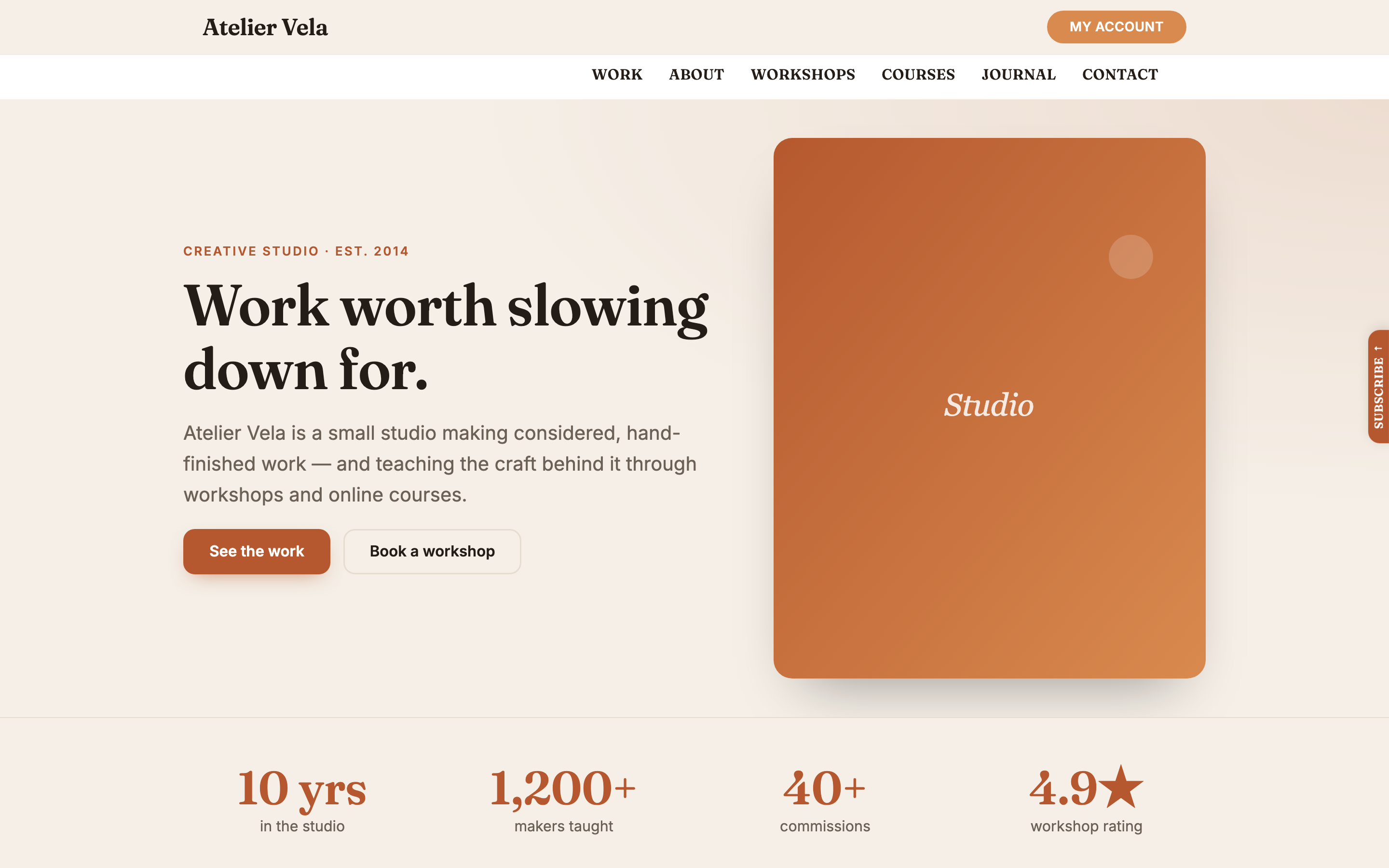 Atelier Vela example design: a warm terracotta studio-and-maker home page with the hero headline, studio copy and workshop buttons