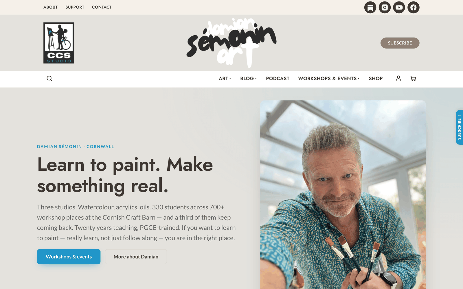 damiansemonin.art, live: the real home page of a working artist, with the logo, navigation, hero headline and a photograph of Damian in his studio