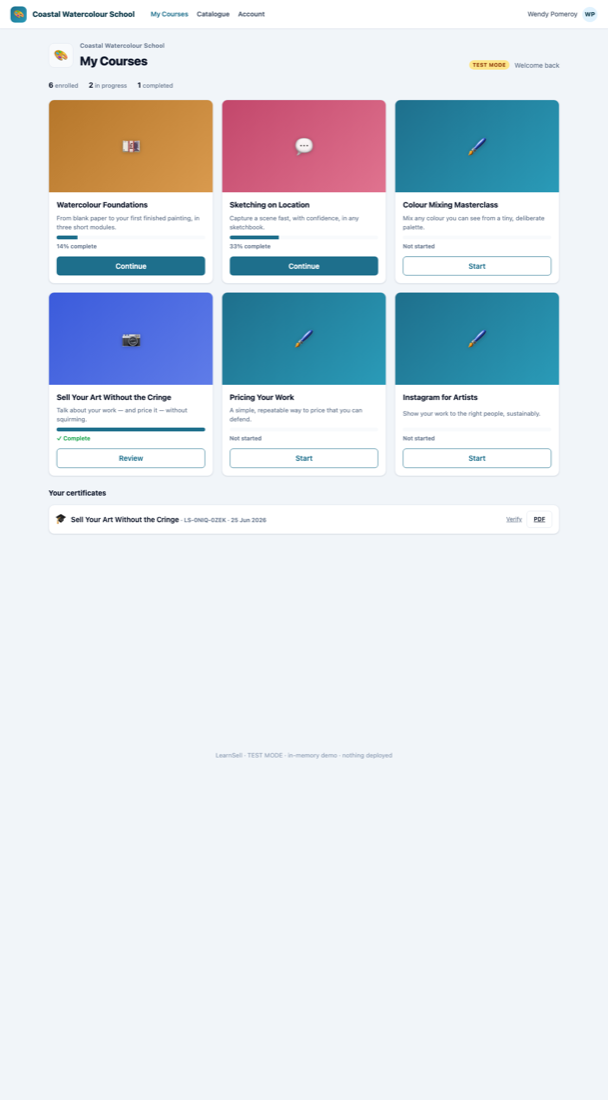 The CP52 LMS my-courses hub rendered in a school's own brand: enrolled, in-progress and completed courses each with a progress bar and a Continue, Start or Review button, plus an issued certificate; the real screen a student logs into