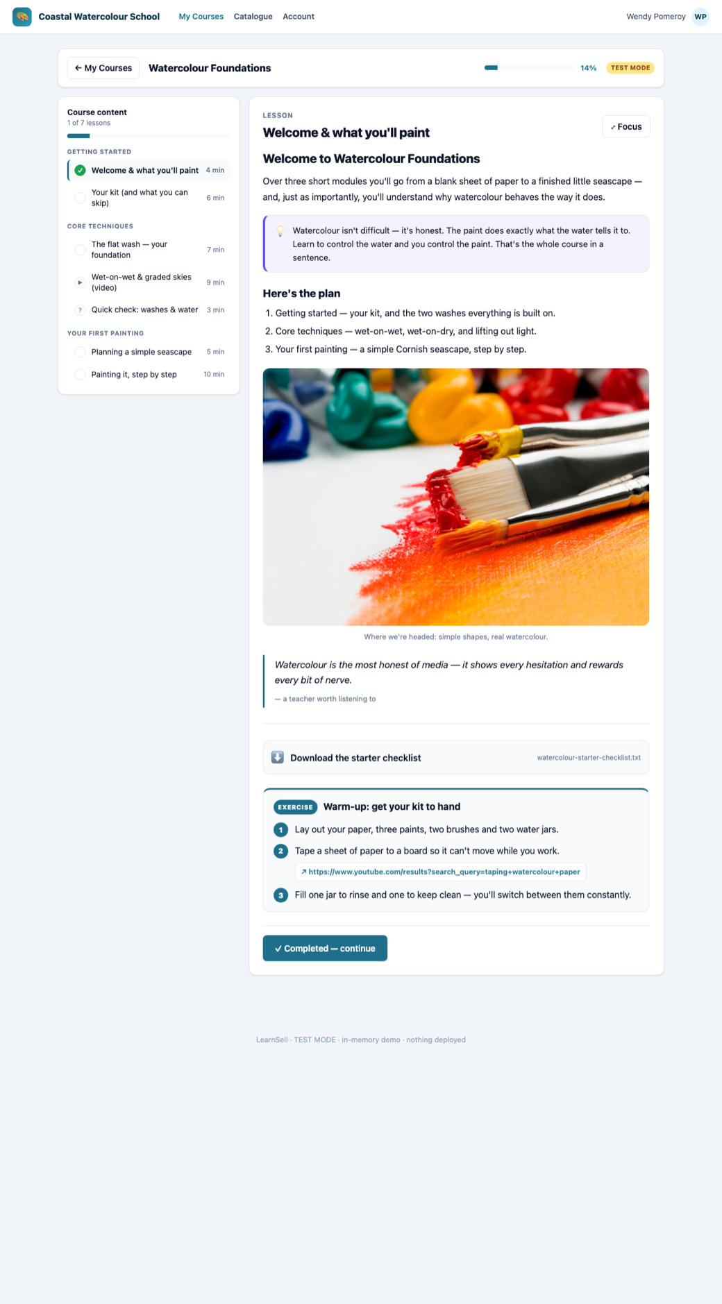 The CP52 course player: a module and lesson sidebar with per-lesson timings, a progress bar, a Focus button, and a rich lesson showing text, a callout, an embedded image, a downloadable checklist and a step-by-step exercise