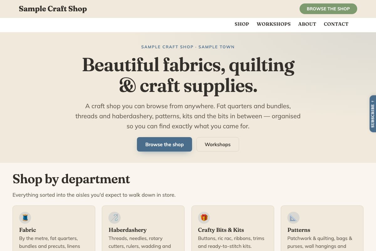 The blue Bobbin & Brush starter's home page: a serif headline over department cards