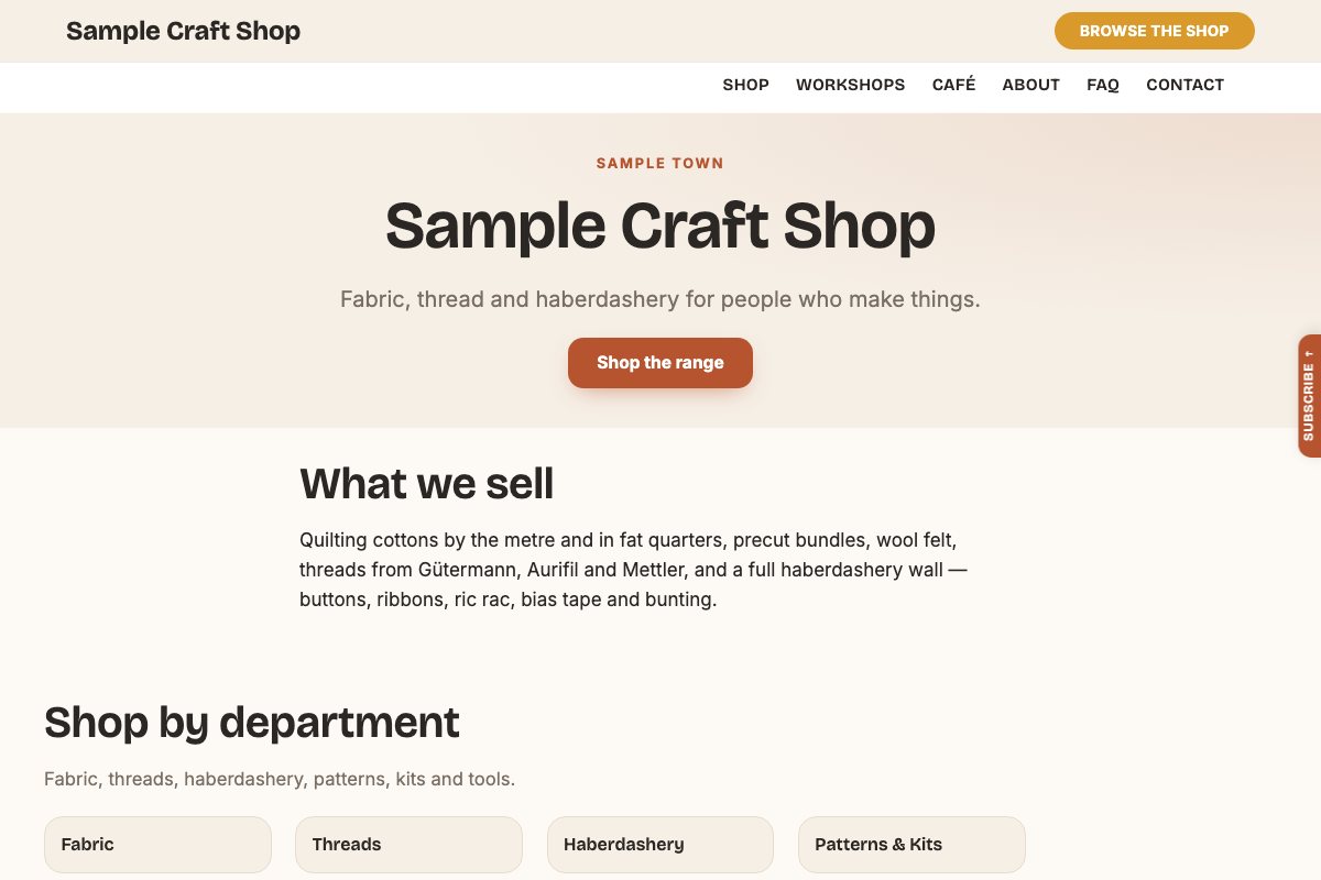 The Bobbin & Brush starter's home page: a craft shop with departments, clubs and a café