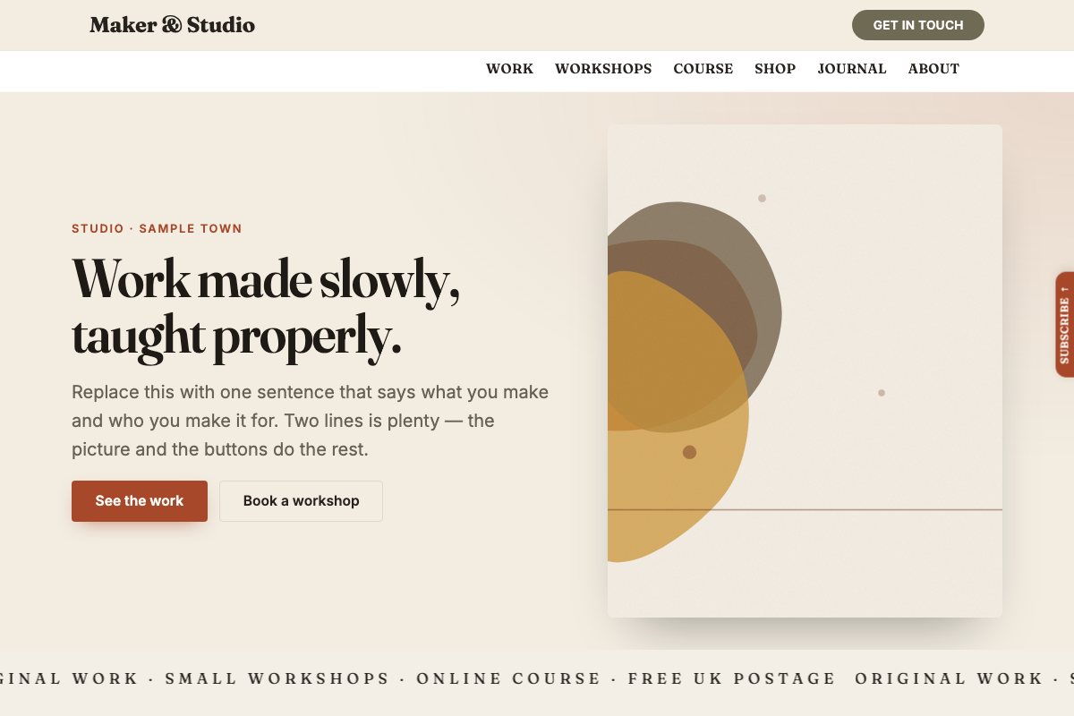 The Maker & Studio starter's home page: a serif headline beside generated studio artwork