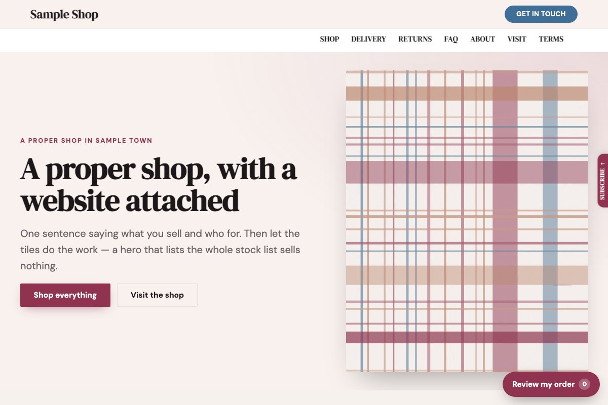 The Shop starter's home page: a live storefront with filters, prices and a basket