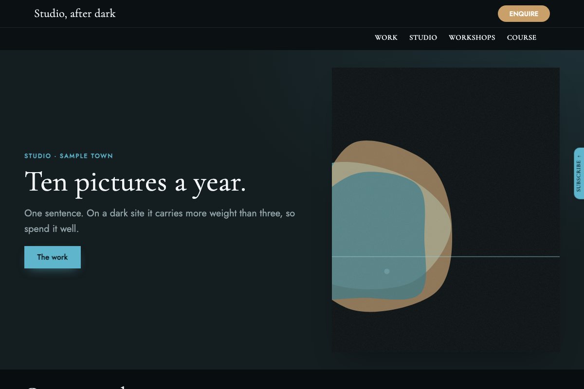 The Studio, after dark starter's home page: pale serif type on an ink-dark ground