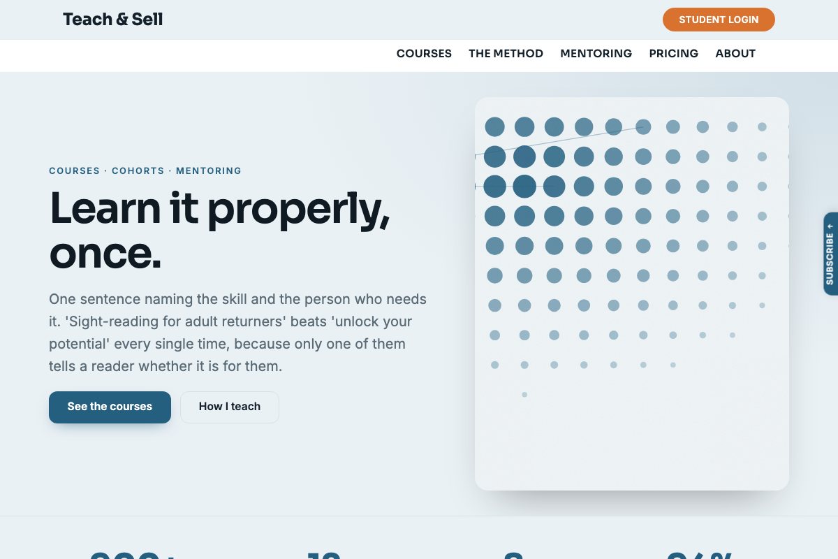 The Teach & Sell starter's home page: a course headline over a dotted gradient