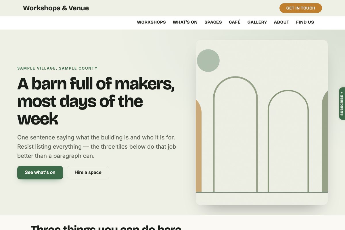 The Workshops & Venue starter's home page: a barn illustration beside a bold headline