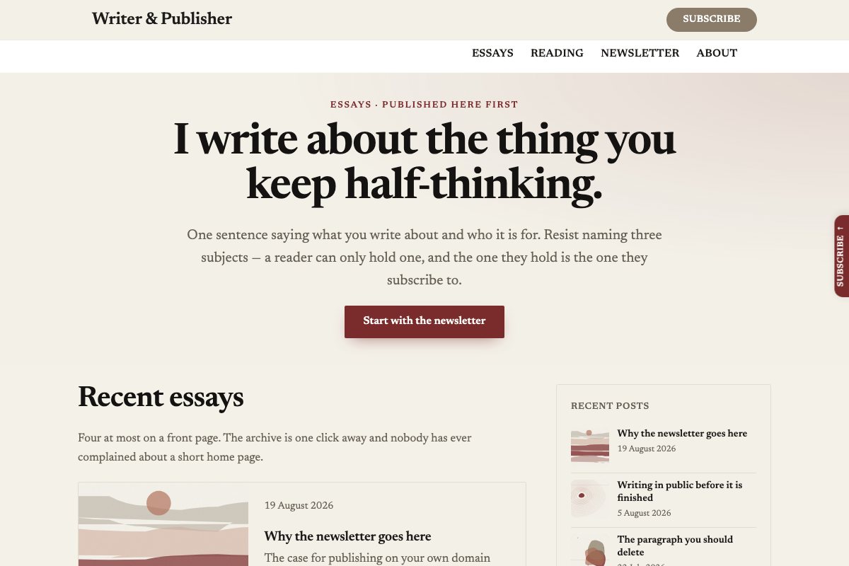 The Writer & Publisher starter's home page: a centred serif headline over an essay list